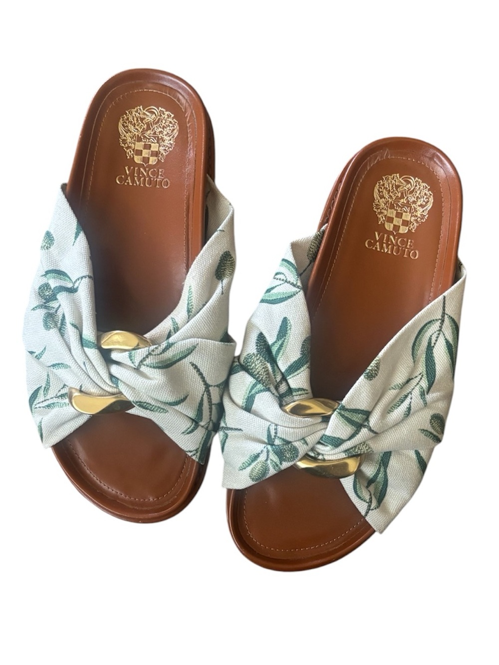Vince Camuto Green Leaf Print Knot Slide Sandals with Gold Accent